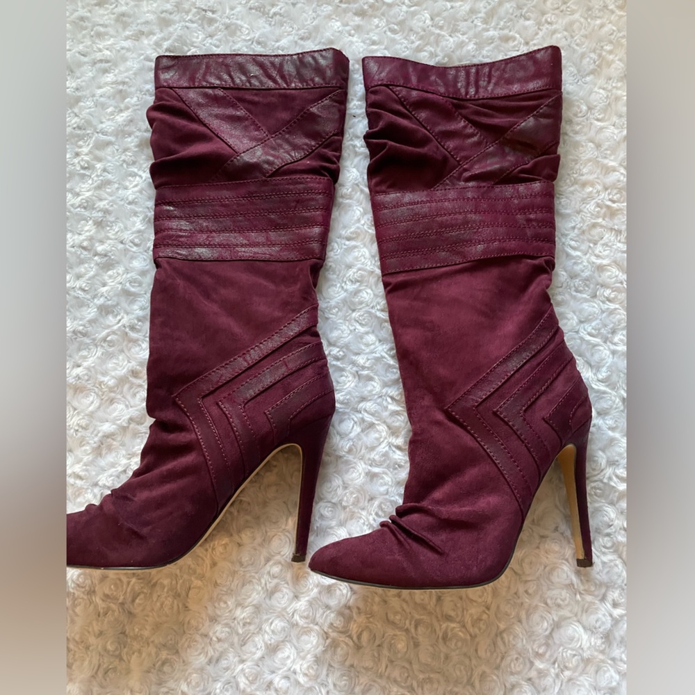 Pull On Burgundy Knee High Boots
